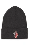 Moncler Logo Patch Ribbed Virgin Wool Beanie In Grey
