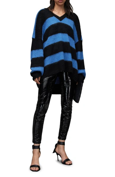 Allsaints Lou Striped V Neck Sweater In Black Blue