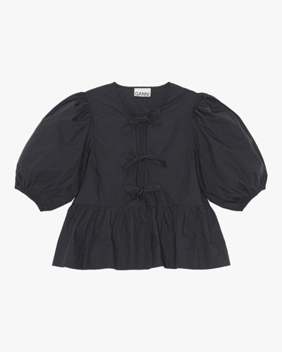Ganni Poplin Front-tie Peplum Blouse With Puffed-sleeves In Black