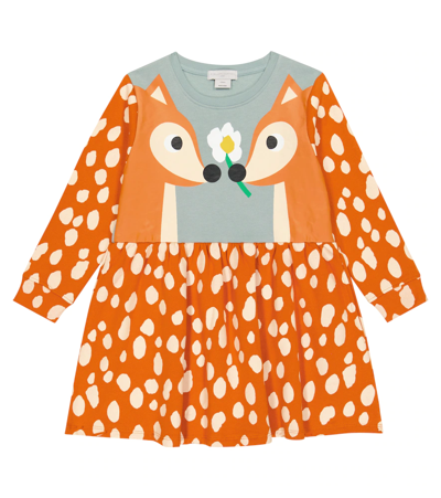 Stella Mccartney Kids' Orange Deer Print Cotton Dress In Stampa