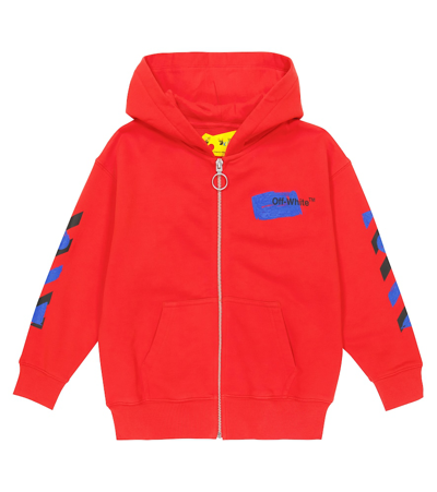 Off-white Kids' Printed Cotton Zip-up Hoodie In Red Blue