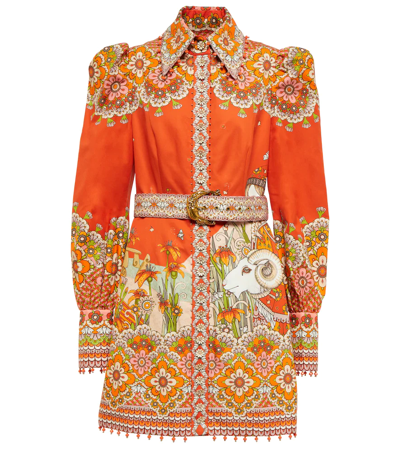 Zimmermann Embellished Belted Cotton And Silk-blend Mini Dress In Orange