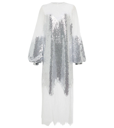 Costarellos Zahara Sequined And Lace Gown In Silver & Off White
