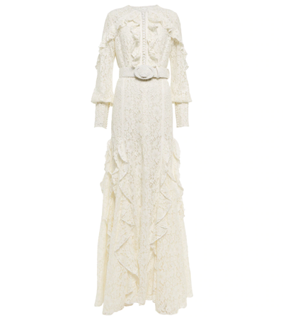 Costarellos Patrice Belted Ruffled Lace Gown In Ivory