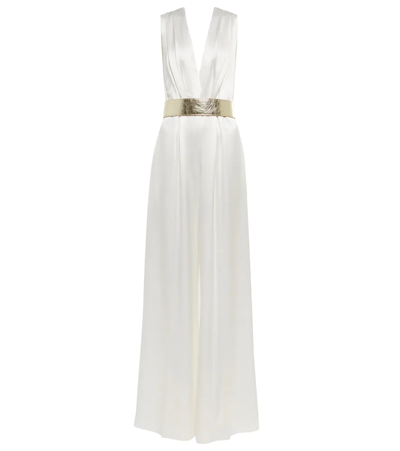 Costarellos Keaton Belted Satin Jumpsuit In Off White