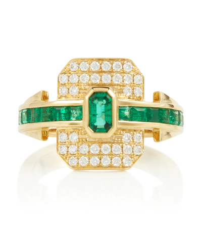 Rainbow K Shield 18kt Gold Ring With Diamonds And Emeralds In 0