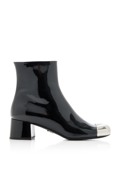 Prada Black Patent Leather Ankle Boots With Metal Toe Caps