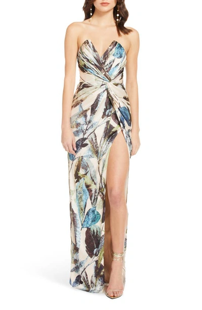 Katie May Finn Strapless Column Gown In Teal Foliage