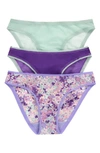 On Gossamer Mesh Hip Bikinis, Set Of 3 In Sage Mist/purple Dream/secret Garden