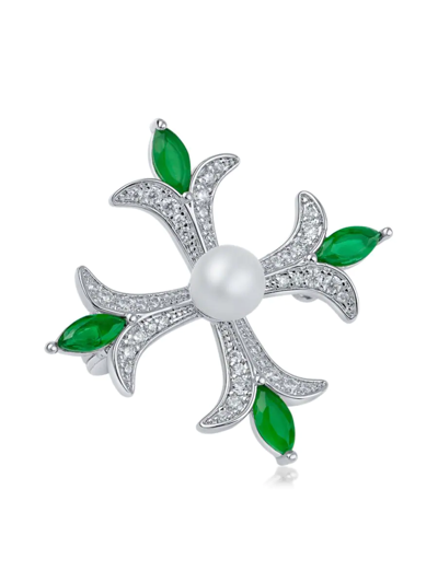Cz By Kenneth Jay Lane Women's Look Of Real Rhodium Plated, 6mm Faux Pearl & Cubic Zirconia Brooch In Brass