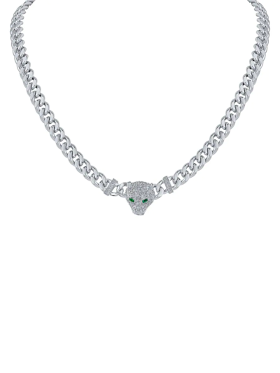 Cz By Kenneth Jay Lane Women's Look Of Real Rhodium Plated & Cubic Zirconia Panther Head Chain Necklace In Brass
