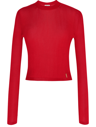 Saint Laurent Ribbed Long-sleeve Top With Monogram Hardware In Red