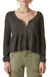 Lucky Brand Women's Waffle-texture Cloud-soft Button-down Top In Jet Black