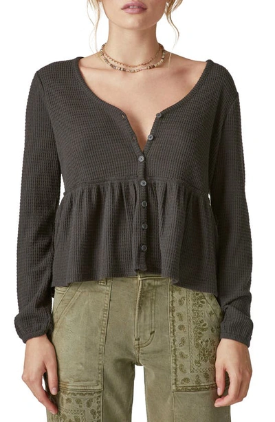 Lucky Brand Women's Waffle-texture Cloud-soft Button-down Top In Jet Black