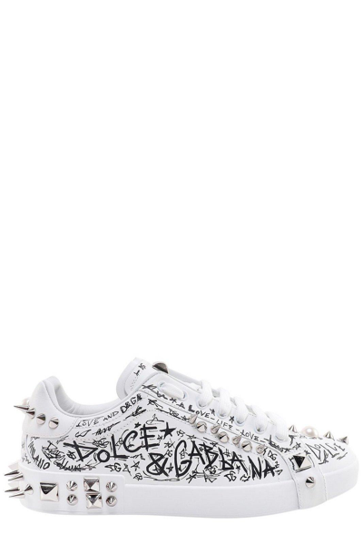 Dolce & Gabbana Portofino Stud Embellished Lace-up Sneakers In Bianco Multicolor
