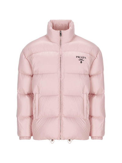 Prada Pink Re-nylon Padded Jacket With Logo In Alabastro