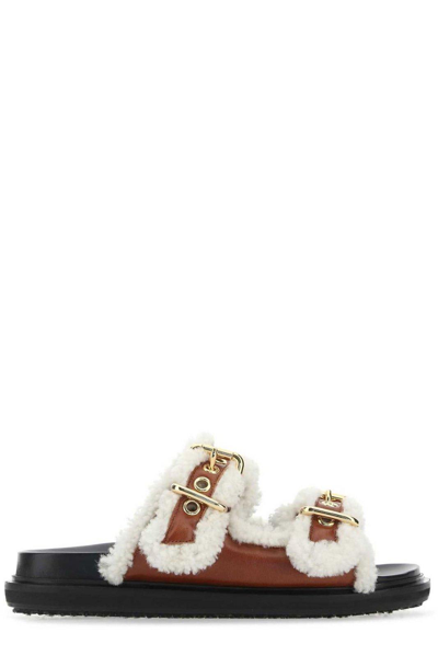 Marni Gold-tone Buckle Shearling Slides In Multicoloured