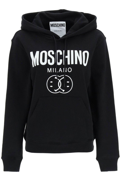 Moschino Logo Printed Drawstring Hoodie In White/black