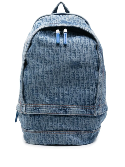 Diesel Faded-effect Logo-print Denim Backpack In Blu