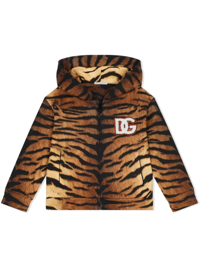 Dolce & Gabbana Kids' Jersey Hoodie With Tiger Print In Multicolor