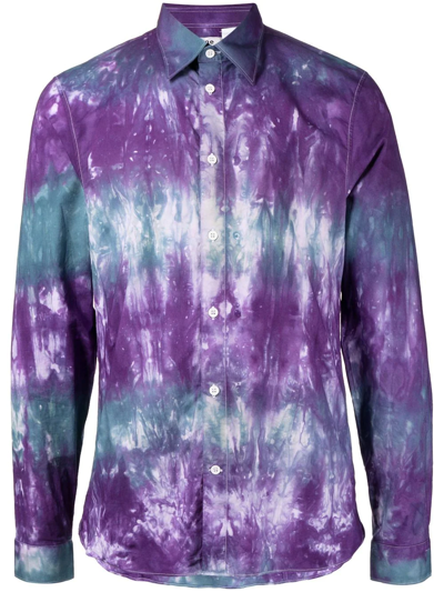 Stain Shade Long-sleeve Button-up Tie-dye Shirt In Blue