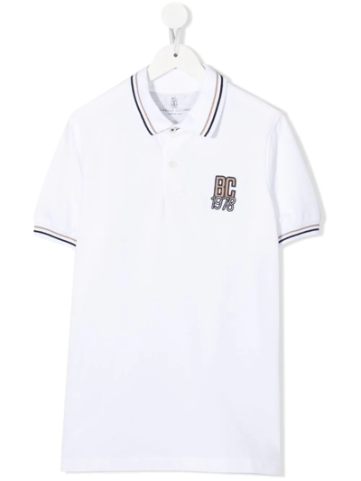 Brunello Cucinelli Teen Embroidered-logo Polo Shirt In Bianco/blu