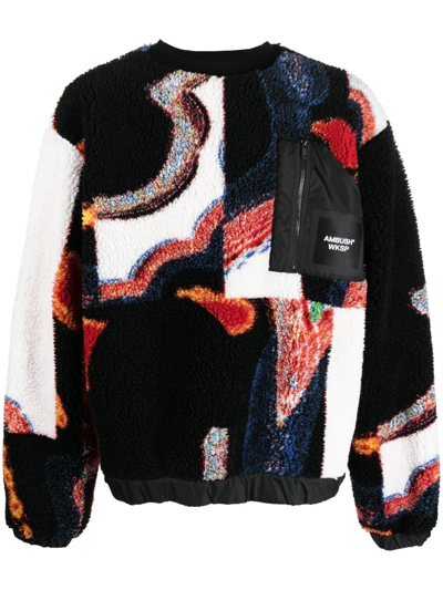 Ambush Multicolor Abstract-print Faux-shearling Sweatshirt In Black