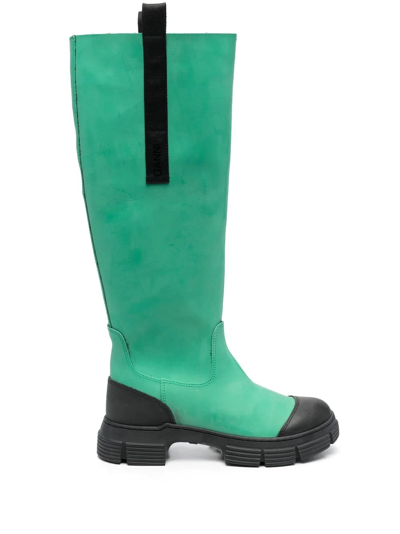 Ganni Contrast-trim Knee-high Boots In Green