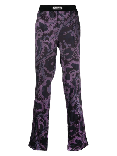 Tom Ford Floral-print Stretch-satin Trousers In Purple
