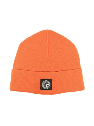 Stone Island Junior Kids' Logo-patch Wool Beanie In Orange