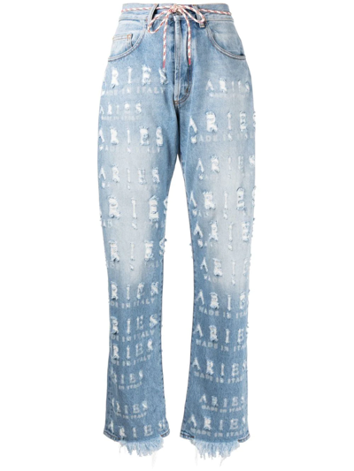 Aries Distressed Logo-lettering Jeans In Blue