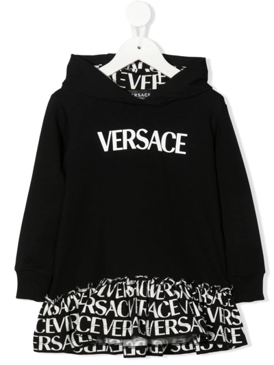 Versace Baby Logo Hooded Cotton-blend Dress In Black