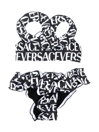 Versace Kids' All-over Logo-print Bikini Set In Black