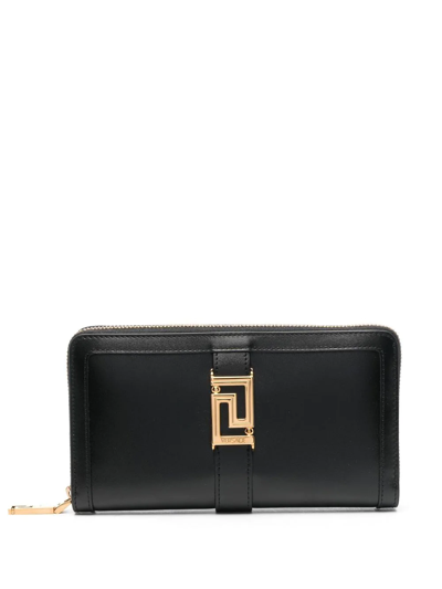 Versace Greca-buckle Zip Wallet In Black