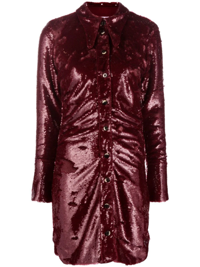Ganni Sequined Ruched Mini Shirt Dress In Port Royale