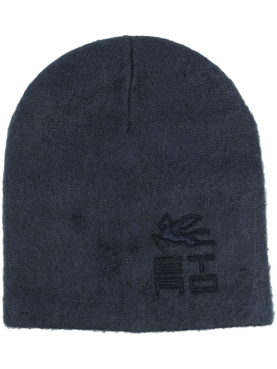 Etro Logo-embroidered Brushed Knitted Hat In Blue