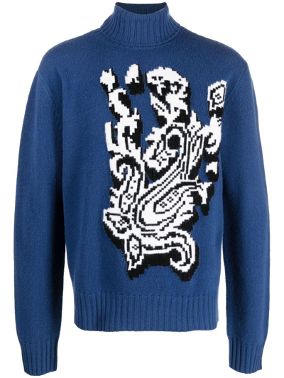 Etro Polo Neck Jacquard Intarsia Sweater In Blue