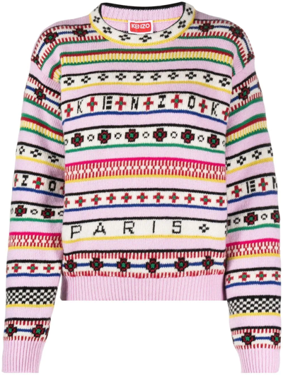 Kenzo Intarsia Striped Wool And Cotton Sweater In Red