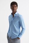 Reiss Nate Curved-hem Slim-fit Cotton-blend Shirt In Soft Blue