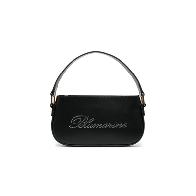 Blumarine Black Rhinestone Logo Leather Shoulder Bag