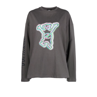 We11 Done Grey Colourful Teddy Print Long Sleeve Cotton T-shirt
