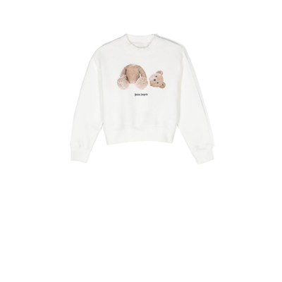Palm Angels Kids' White Teddy Bear Printed Sweatshirt In Neutrals