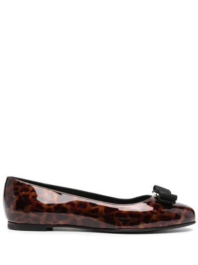 Ferragamo Vara-bow Leopard-print Ballerina Shoes In Brown