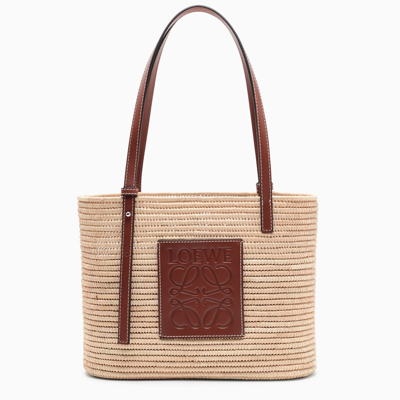 Loewe Small Square Basket Bag In Raffia And Calfskin In Beige