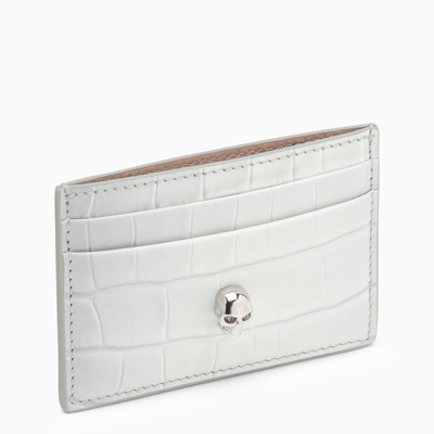 Alexander Mcqueen Skull Card Holder In Ivory Croco-print In Grey