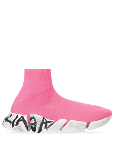 Balenciaga Speed 2.0 Graffiti Stretch-knit High-top Trainers In Fluo Pink