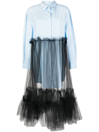 Act N°1 Tulle-skirt Long-sleeve Shirt Dress In Blue