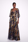 MARCHESA NOTTE FOILED AND PRINTED CHIFFON GOWN