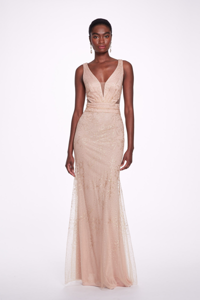 Marchesa Notte Glitter Tulle Sleeveless Gown In Brown