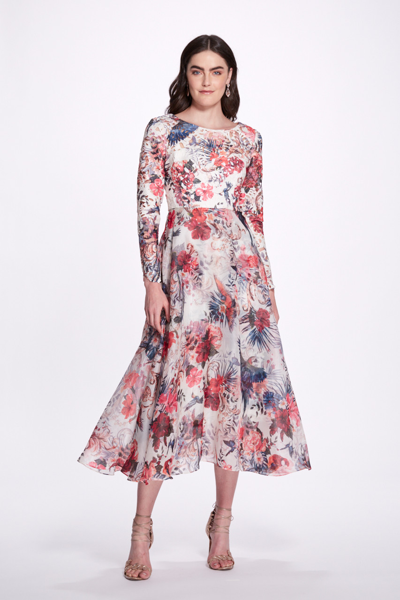 Marchesa Notte Long Sleeve Floral A-line Midi Dress In White